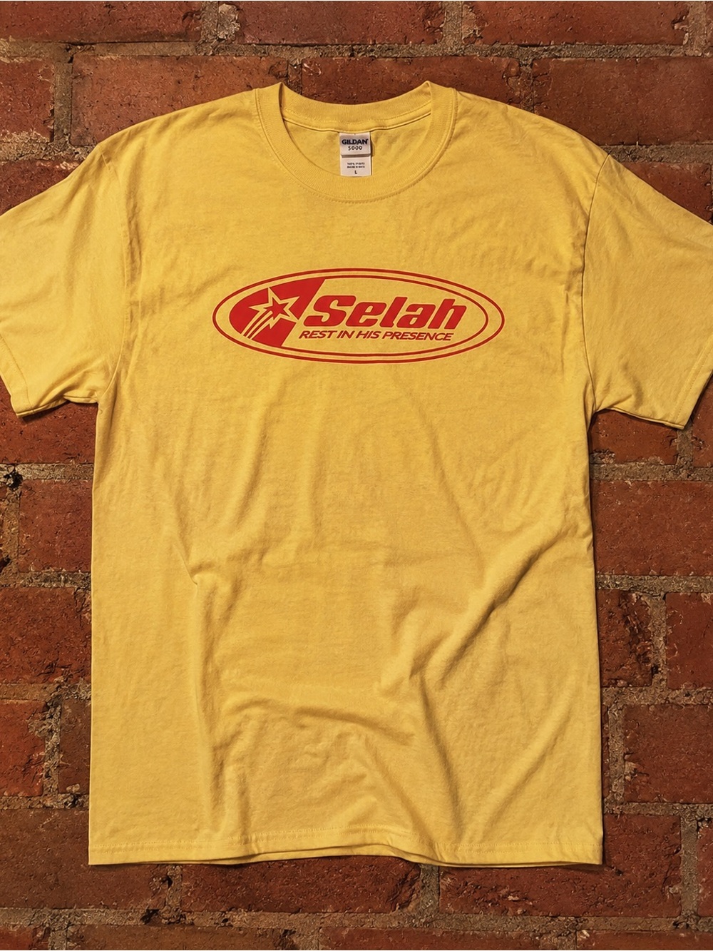 Gildan 5000 Yellow Tee with Red Selah Logo, Vintage, Streetwear Size L